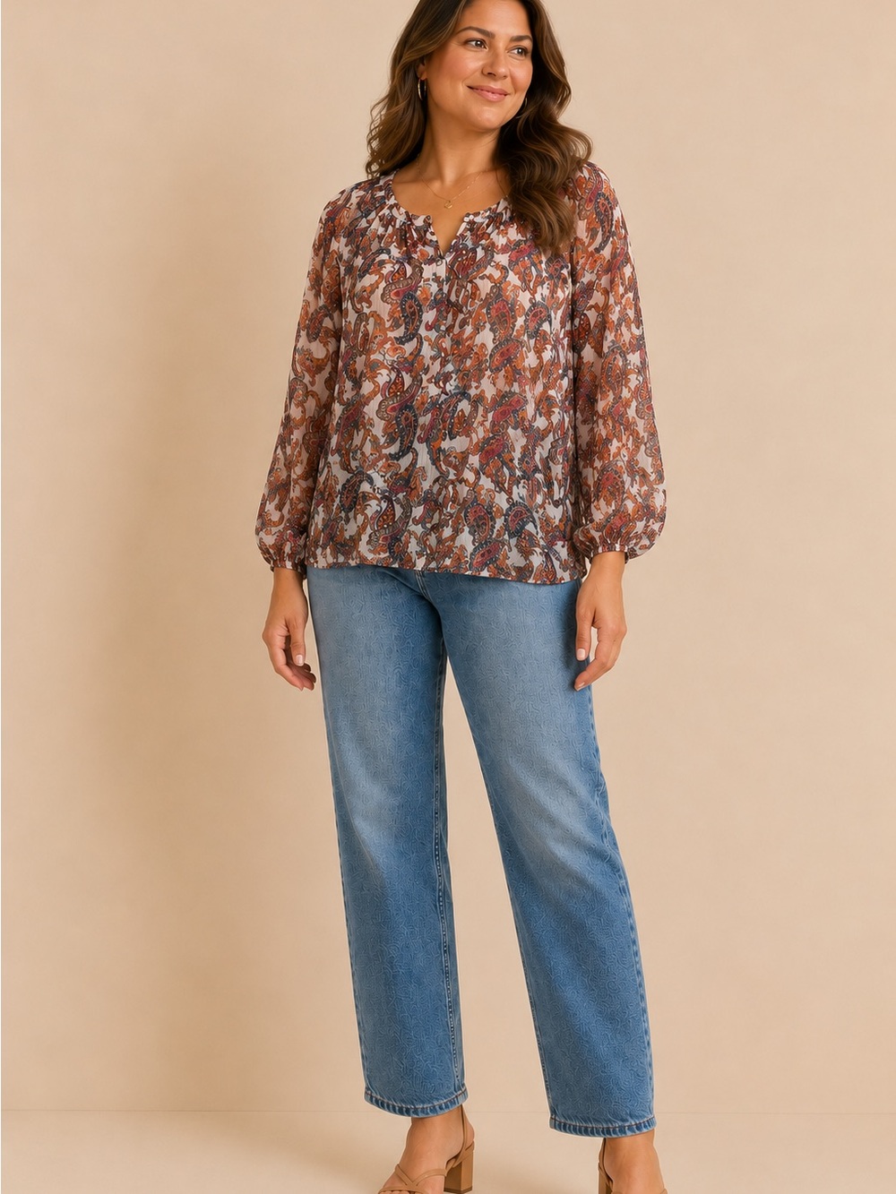 Liz Claiborne XL Sheer Paisley Boho Peasant Blouse Balloon Puff Sleeve Top